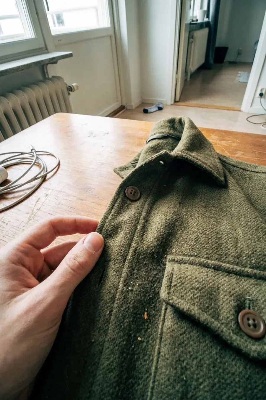 Nærbillede af krave, knapper og brystlomme på ulds-overshirt