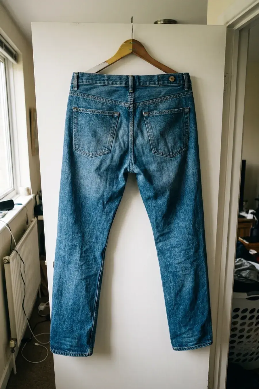 Bagsiden af mellemblå jeans på bøjle