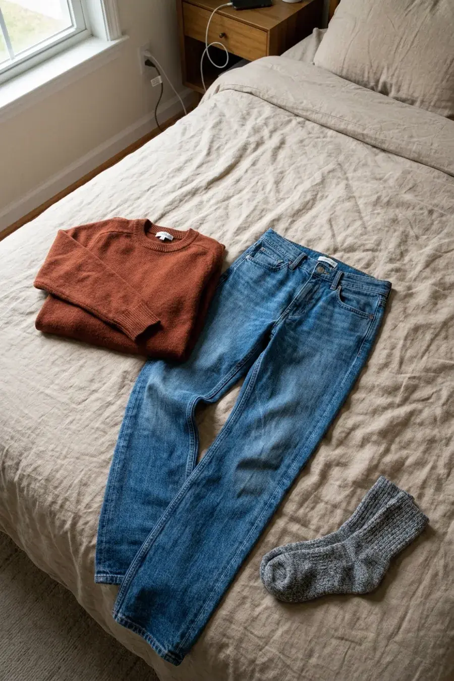 Striktrøje og jeans lagt frem på seng med hørsengetøj