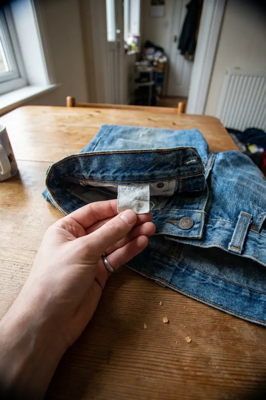 Hånd viser denimlinning med metalknap